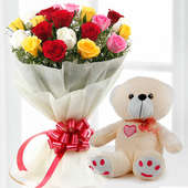 Eternal Romance:Bunch of 20 Mixed Roses and 12-inch Teddy